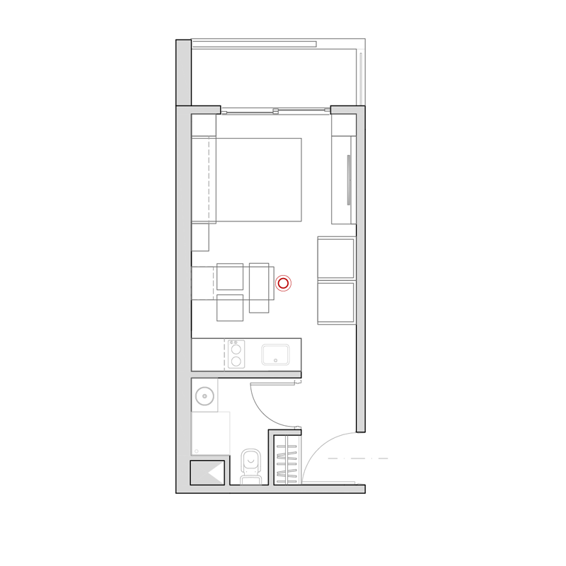 Plano monoambiente 23 m2 | Showroom virtual | Propuesta Noche
